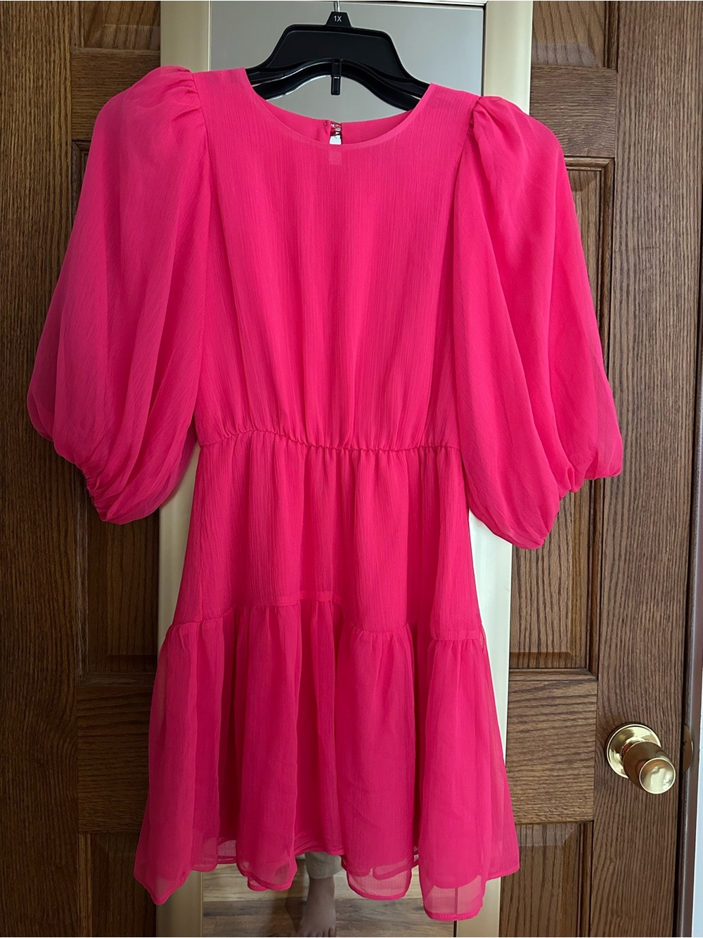 Bright Pink Puff-Sleeve Tiered Dress